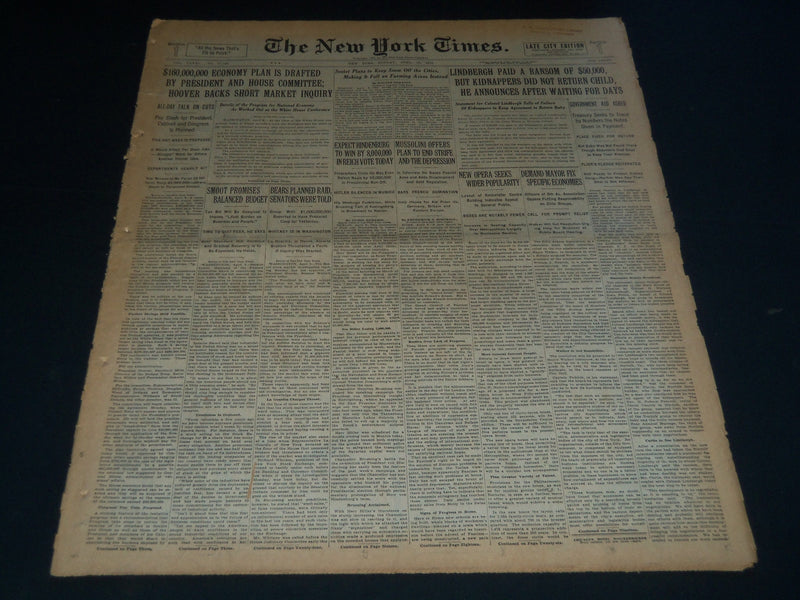 1932 APRIL 10 NEW YORK TIMES - LINDBERGH PAID A RANSOM OF $50,000 - NT 7438
