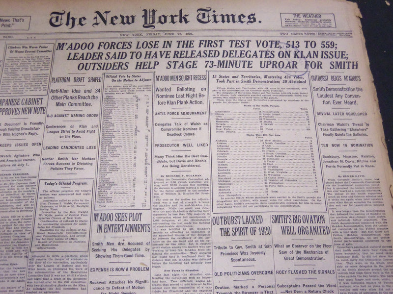 1924 JUNE 27 NEW YORK TIMES - M'ADOO FORCES LOSE 513 TO 559 - NT 5071