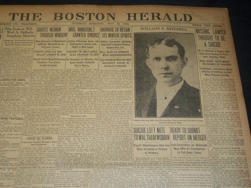 1908 MAY 26 THE BOSTON HERALD - WILLIAM MITCHELL THOUGHT TO BE SUICIDE - BH 74