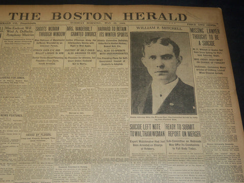 1908 MAY 26 THE BOSTON HERALD - WILLIAM MITCHELL THOUGHT TO BE SUICIDE - BH 74