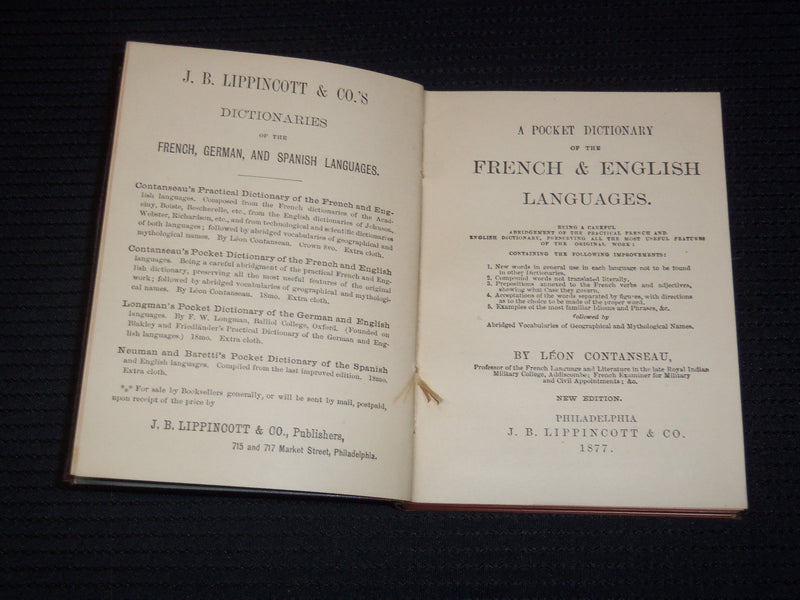 1877 POCKET DICTIONARY ENGLISH & FRENCH - FRENCH & ENGLISH SET OF 2 - KD 4065I
