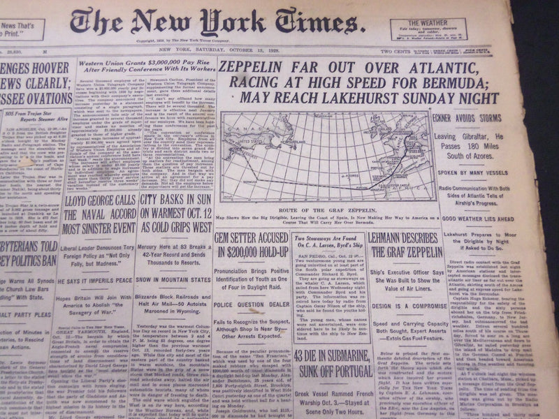 1928 OCTOBER 13 NEW YORK TIMES - ZEPPELIN FAR OUT OVER ATLANTIC - NT 5334