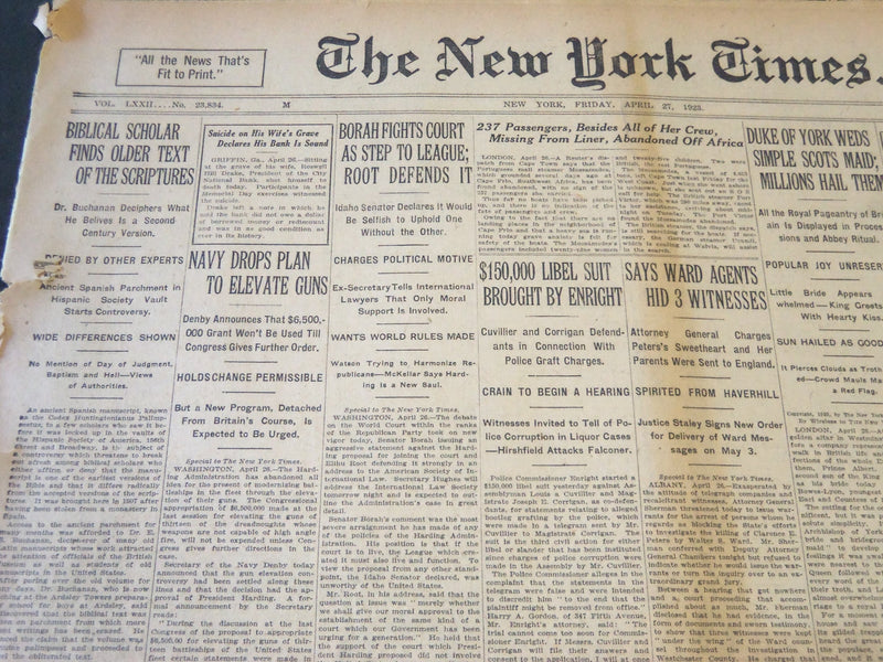 1923 APRIL 27 NEW YORK TIMES - BIBLICAL SCHOLAR FINDS OLDER SCRIPTURES - NT 5752