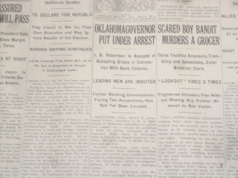 1922 MARCH 23 NEW YORK TIMES - OKLAHOMA GOVERNOR UNDER ARREST - NT 8327