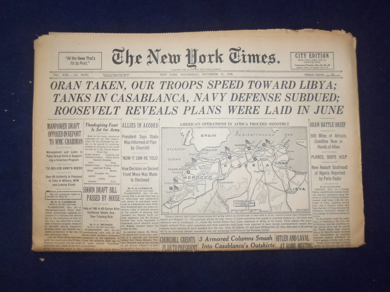 1942 NOV 11 NEW YORK TIMES - ORAN TAKEN, OUR TROOPS SPEED TOWARD LIBYA - NP 6516