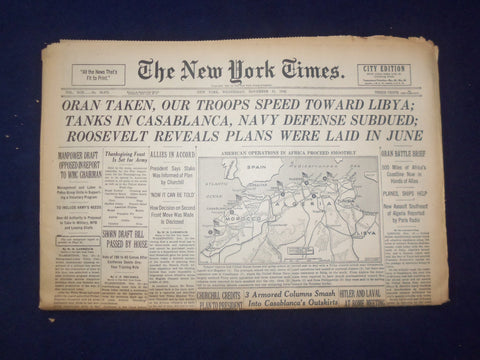 1942 NOV 11 NEW YORK TIMES - ORAN TAKEN, OUR TROOPS SPEED TOWARD LIBYA - NP 6516