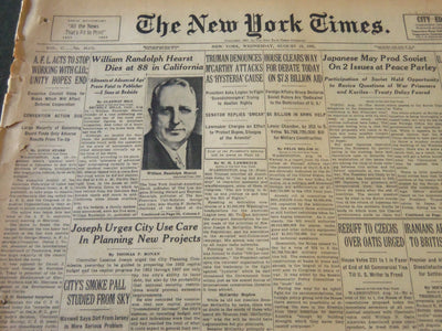 1951 AUGUST 15 NEW YORK TIMES - WILLIAM RANDOLPH HEARST DIES AT 88 - NT 5839