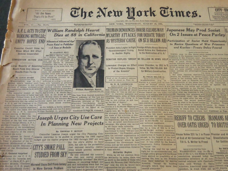 1951 AUGUST 15 NEW YORK TIMES - WILLIAM RANDOLPH HEARST DIES AT 88 - NT 5839