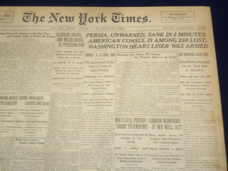 1916 JANUARY 3 NEW YORK TIMES - PERSIA SANK IN FIVE MINUTES - NT 9050
