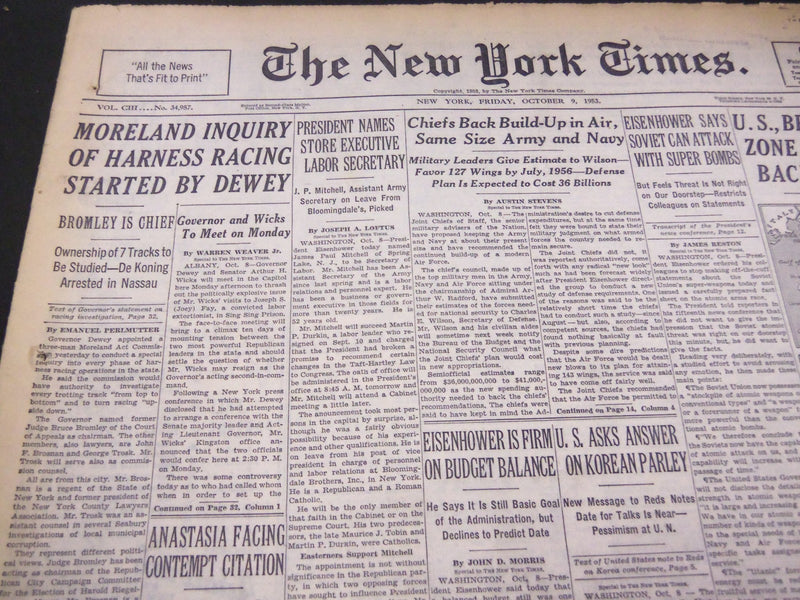 1953 OCT 9 NEW YORK TIMES - MORELAND INQUIRY OF HARNESS RACING STARTED - NT 4698