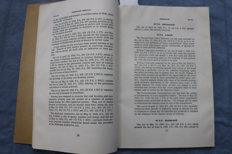 1946 PENNSYLVANIA VERTERANS' MANUAL SOFTCOVER BOOK - K 323