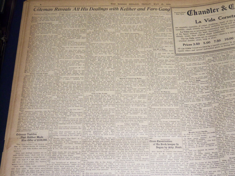 1910 MAY 27 THE BOSTON HERALD - COLEMAN REVEALS DEALINGS WITH KELIHER - BH 334