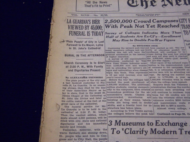 1947 SEPT 22 NEW YORK TIMES - LA GUARDIA'S FUNERAL BIER VIEWED BY 45,000- NT 176