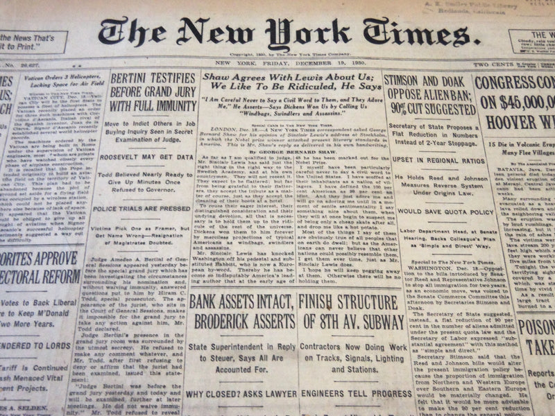 1930 DECEMBER 19 NEW YORK TIMES - SHAW AGREES WITH LEWIS ABOUT US - NT 5733