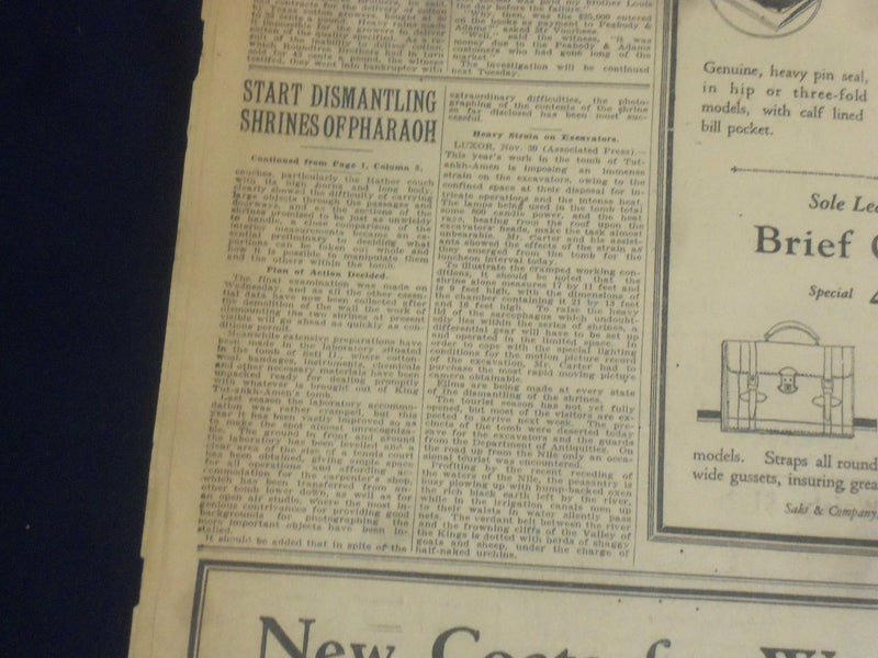 1923 DECEMBER 1 NEW YORK TIMES - START DISMANTLING SHRINES OF PHARAOH - NT 9210