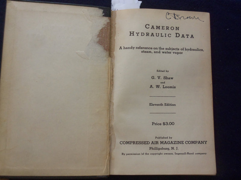 1942 CAMERON HYDRAULIC DATA HARDCOVER BOOK BY G.V. SHAW & A.W. LOOMIS - KD 8488