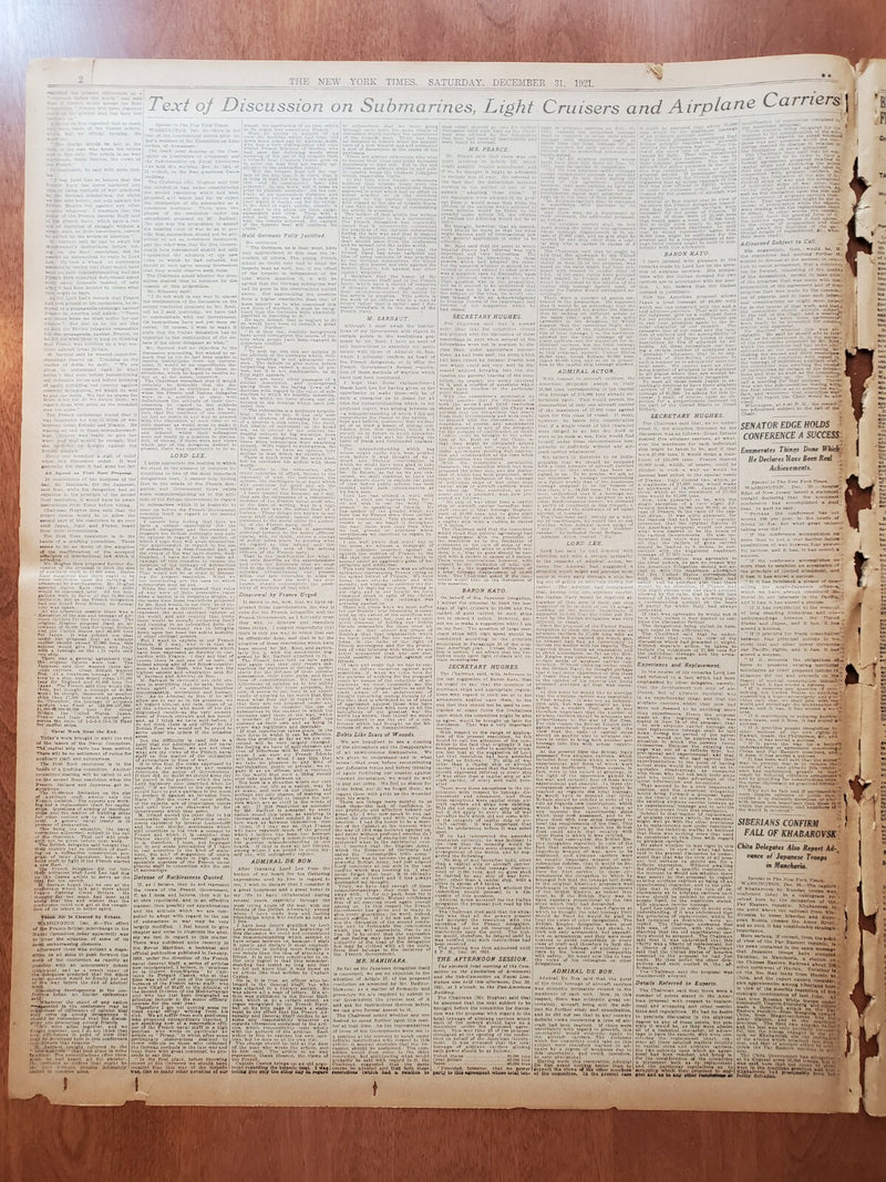 1921 DEC 31 NEW YORK TIMES NEWSPAPER - AIRPLANE CARRIERS RATIO SETTLED - NT 8043