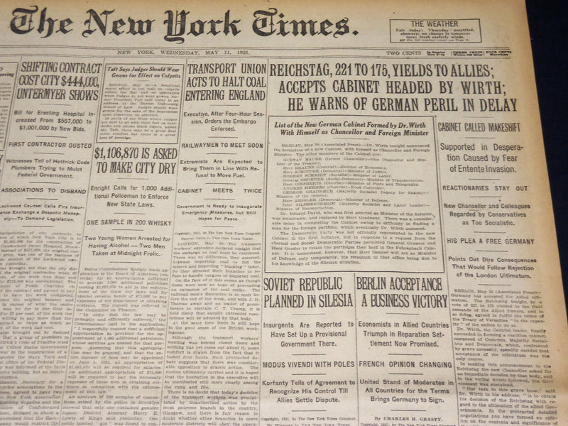 1921 MAY 11 NEW YORK TIMES - REICHSTAG 221 TO 175 YIELDS TO ALLIES - NT 7845