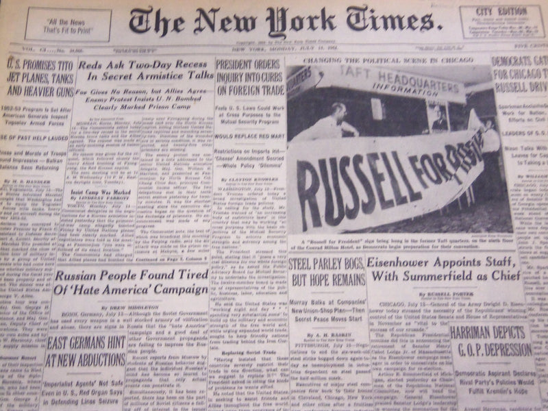 1952 JULY 14 NEW YORK TIMES - DEMOCRATS GATHER FOR CHICAGO TEST - NT 4553