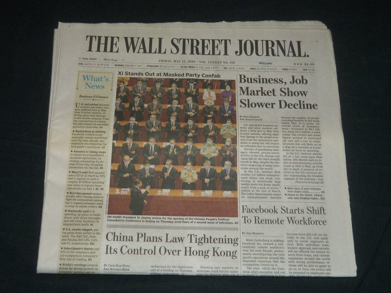 2020 MAY 22 THE WALL STREET JOURNAL NEWSPAPER -BUSINESS, JOB MARKET SHOW DECLINE
