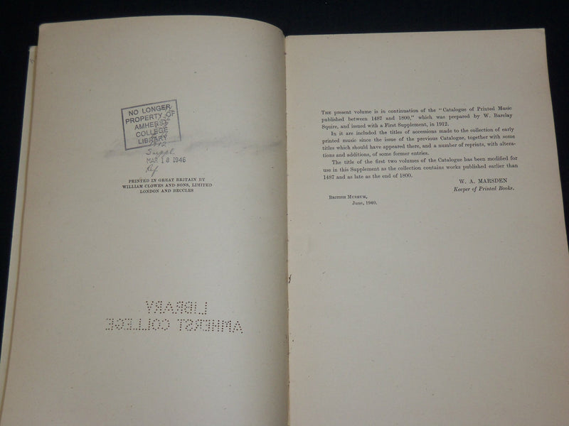 1940 PRINTED MUSIC BEFORE 1801 BOOK - BRITISH MUSEUM -SECOND SUPPLEMENT- KD 6575