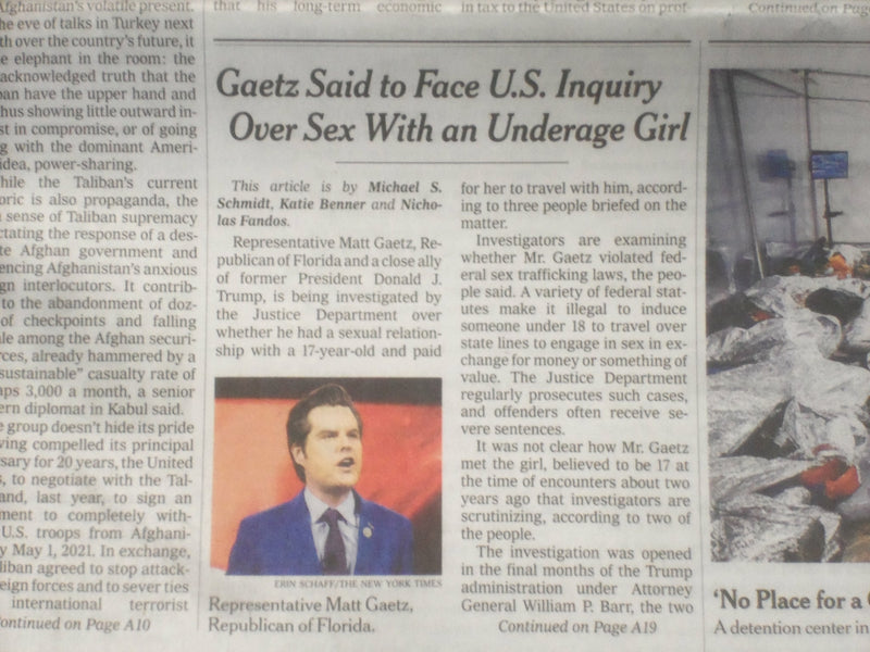 2021 MARCH 31 NEW YORK TIMES - GAETZ TO FACE INQUIRY OVER SEX WITH UNDERAGE GIRL