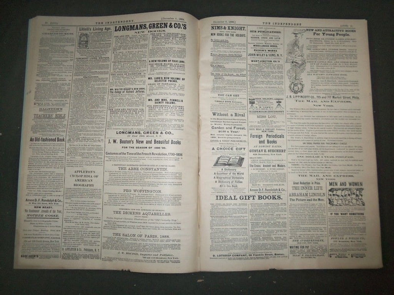 1888 DEC 6 THE INDEPENDENT MAGAZINE - 40TH ANNIVERSARY - GREAT ADS - NP 1513