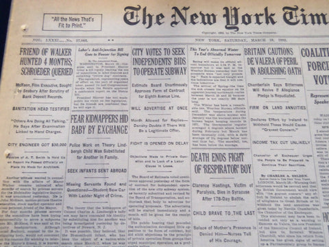 1932 MARCH 19 NEW YORK TIMES - FEAR KIDNAPPERS HID BABY BY EXCHANGE - NT 7424