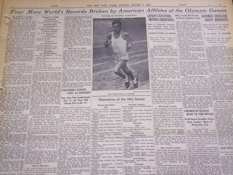 1932 AUGUST 8 NEW YORK TIMES - ZABALA WINS MARATHON AT OLYMPIC GAMES - NT 4804