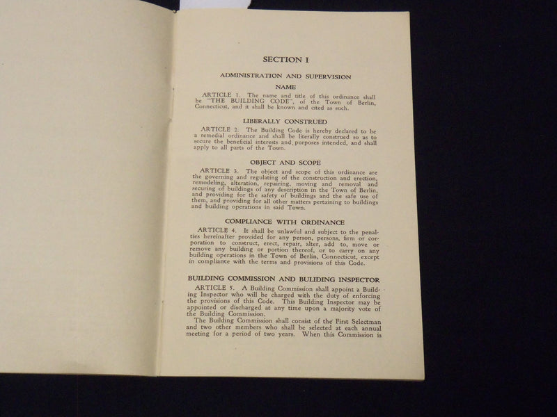 1920'S BERLIN CONNECTICUT BUILDING CODE BOOKLET - K 2067