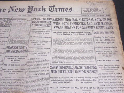 1920 NOVEMBER 5 NEW YORK TIMES - HARDING NOW HAS ELECTORIAL VOTE OF 404- NT 7117