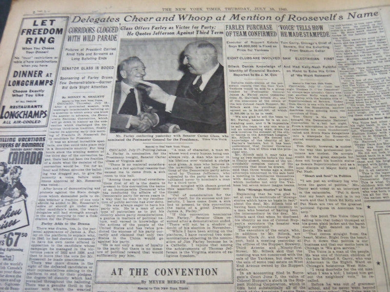 1940 JULY 18 NEW YORK TIMES - ROOSEVELT RENOMINATED ON FIRST BALLOT - NT 5912