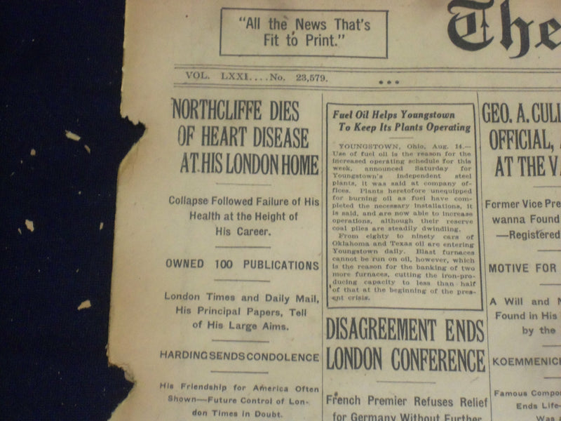 1922 AUGUST 15 NEW YORK TIMES - NORTHCLIFF DIES OF HEART DISEASE - NT 8373