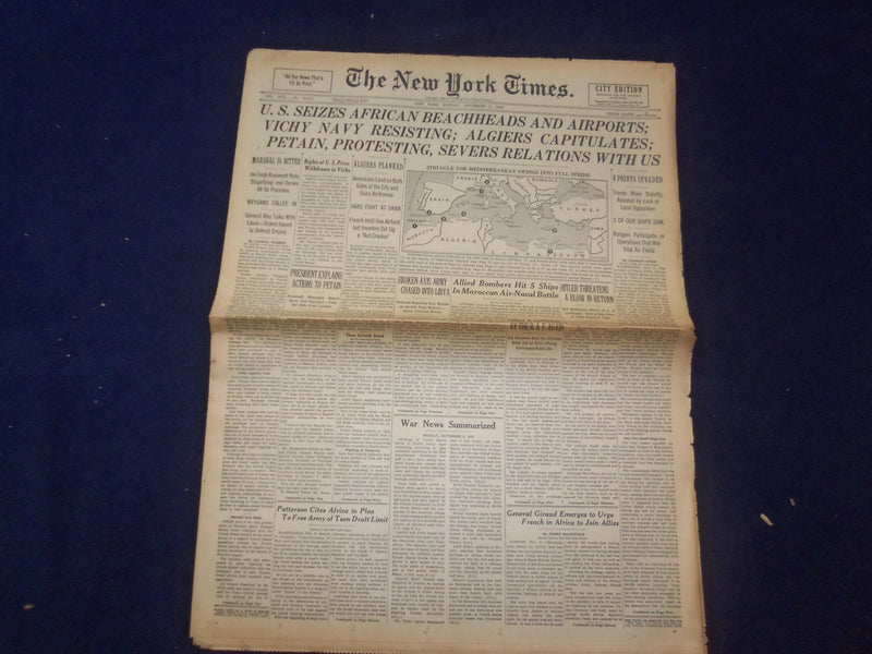 1942 NOV 9 NEW YORK TIMES - U.S. SEIZES AFRICAN BEACHHEADS AND AIRPORTS- NP 6514