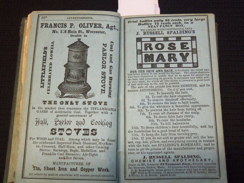 1854 WORCESTER ALMANAC DIRECTORY AND BUSINESS ADVERTISER - HENRY HOWLAND- J 9285