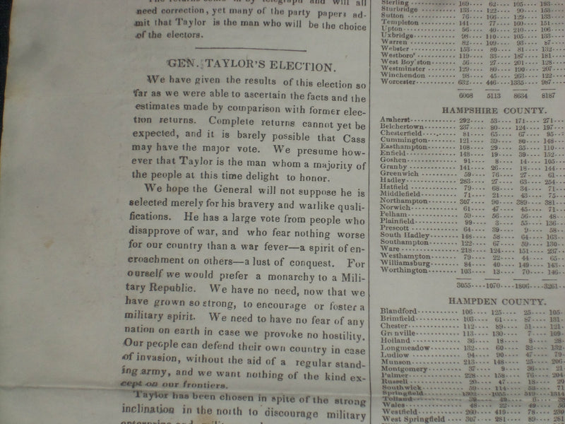 1848 NOVEMBER 11 MASSACHUSETTS PLOUGHMAN - TAYLOR ELECTED- THANKSGIVING- NP 5156