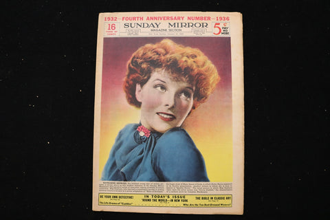 1936 JANUARY 12 NY SUNDAY MIRROR MAGAZINE - KATHARINE HEPBURN COVER - E 25523