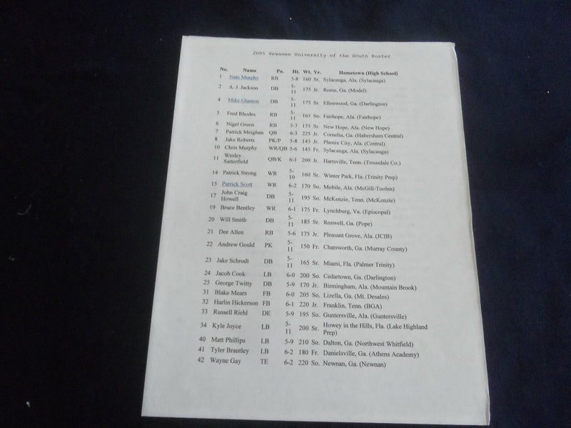 2005 NOV 12 FOOTBALL PROGRAM - RHODES COLLEGE VS SAWANEE UNIV OF SOUTH- SP 1217N