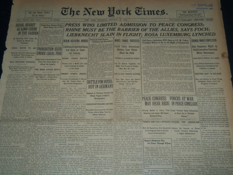 1919 JANUARY 18 NEW YORK TIMES - PRESS WINS LIMITED ADMISSION TO PEACE - NT 7522