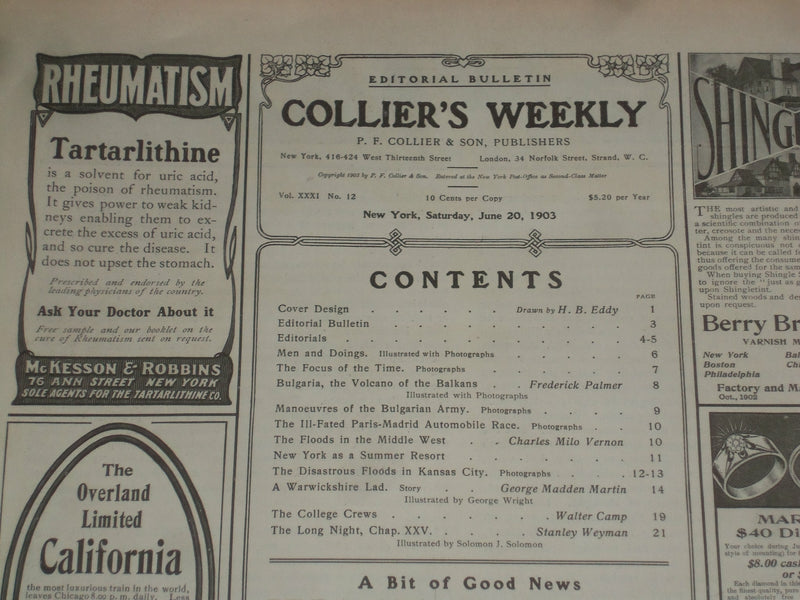 1903 JUNE 20 COLLIER'S MAGAZINE - NICE ILLUSTRATED WOMAN ON BOAT COVER - ST 6672