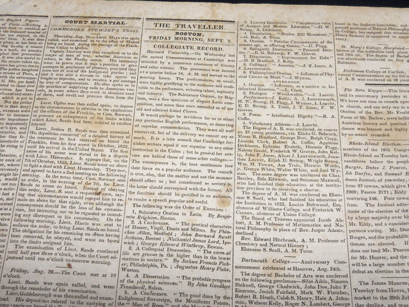 1825 SEPT 2 AMERICAN TRAVELLER NEWSPAPER - DARTMOUTH COMMENCEMENT - NP 4829