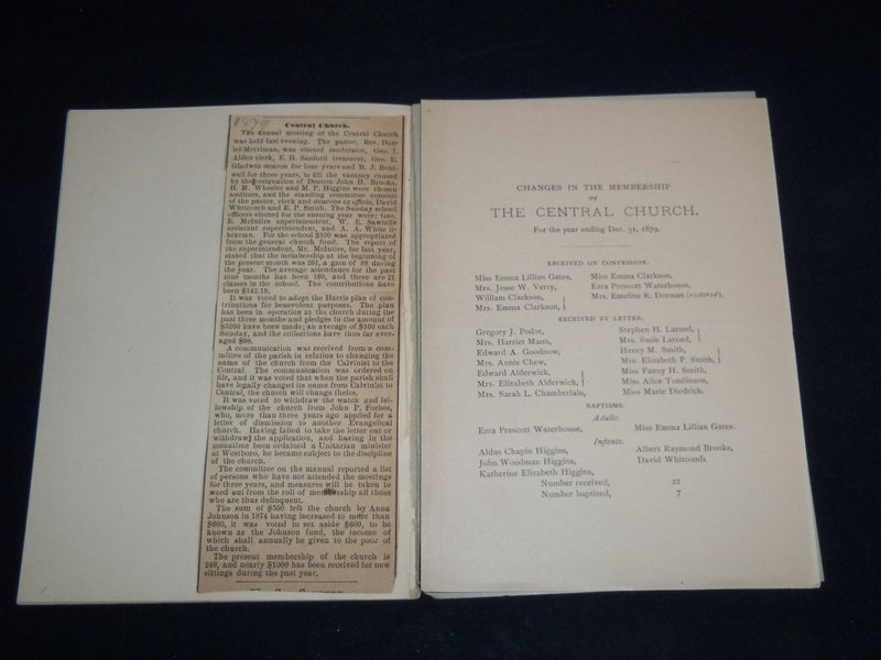 1879 CENTRAL CHURCH DIRECTORY - WORCESTER MASSACHUSETTS - J 8813