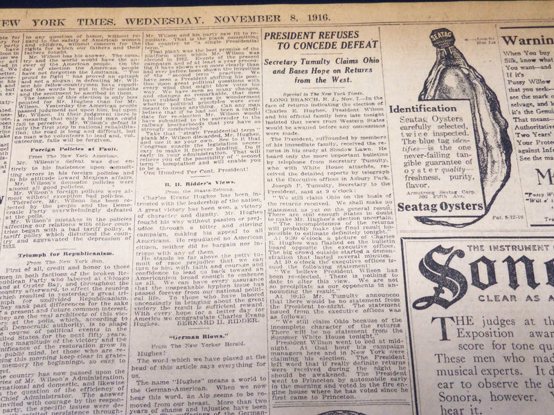 1916 NOVEMBER 8 NEW YORK TIMES - ELECTION CLOSE WILSON 264 HUGHES 251 - NT 7687