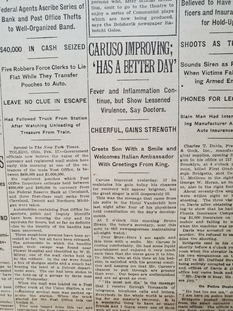 1921 FEBRUARY 18 NEW YORK TIMES - CARUSO IMPROVING; HAS A BETTER DAY - NT 8137