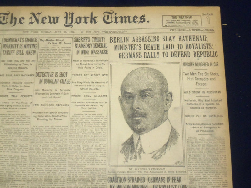 1922 JUNE 25 NEW YORK TIMES - WM. ROCKEFELLER DIES - RATHENAU SLAIN - NT 8408