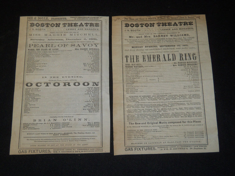 1869 BOSTON THEATRE PROGRAMS LOT OF 2 - THE EMERALD RING - PEARL SAVOY - J 5340