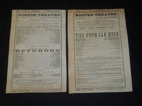1869 BOSTON THEATRE PROGRAMS LOT OF 2 - THE EMERALD RING - PEARL SAVOY - J 5340