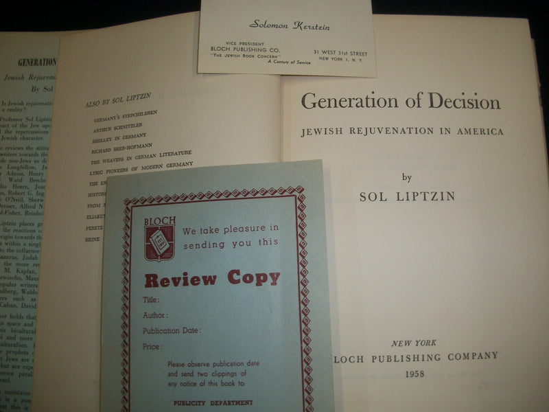 1958 GENERATION OF DECISION JEWISH REJUVENATION BY SOL LIPTZIN SIGNED - KD 585