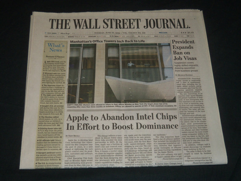 2020 JUNE 23 THE WALL STREET JOURNAL NEWSPAPER - APPLE TO ABANDON INTEL CHIPS