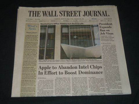2020 JUNE 23 THE WALL STREET JOURNAL NEWSPAPER - APPLE TO ABANDON INTEL CHIPS